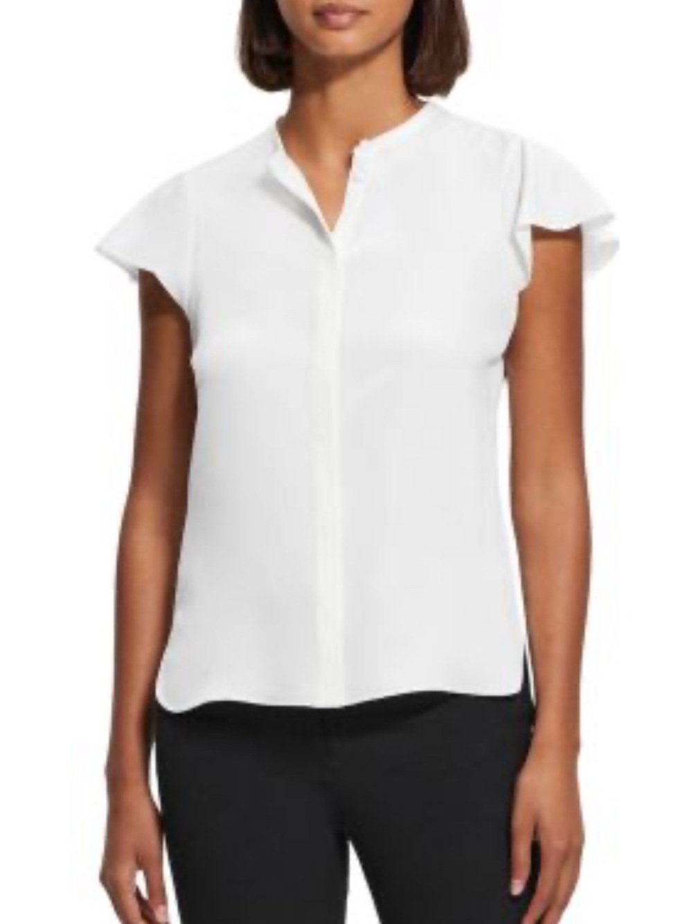 Theory White Flutter Sleeve Mandarin Collar Blouse